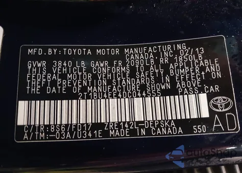 2013 Toyota Corolla S из США, поврежденный, VIN 2T1BU4EE4DC044555